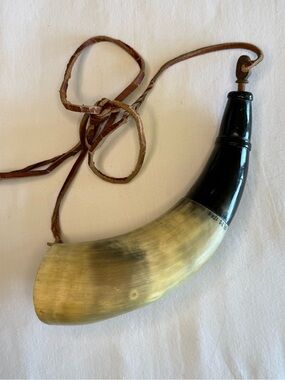 Vintage Powder Horn Decor Item Horn/Wood/Leather Strap and Date